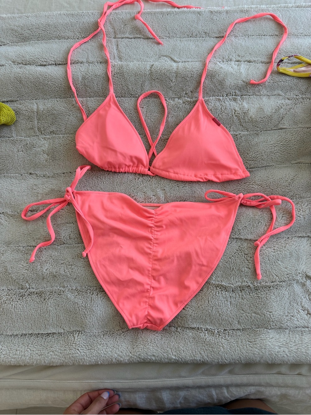 Doll Swimwear Neon Coral Tie-Side Triangle Bikini Set - Women Swim